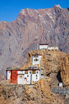 Dhankar gompa (monastery) on cliff. Dhankar, Spiti valley, Himachal Pradesh, India