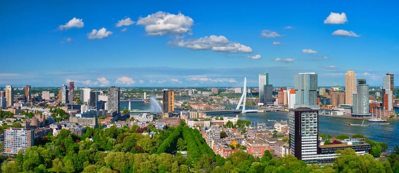 Panorama of Rotterdam city and the Erasmus bridge Erasmusbrug over Nieuwe Maas river from Euromast