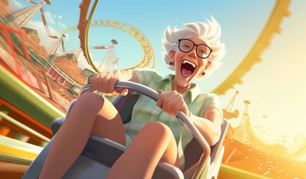 Joyful elderly woman rides in an amusement park. Expressive emotions