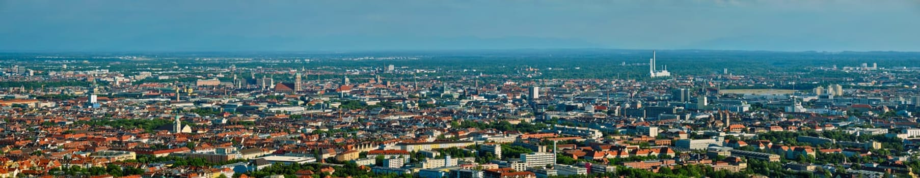 Aerial panorama of Munich center from Olympiaturm (Olympic Tower). Munich, Bavaria, Germany