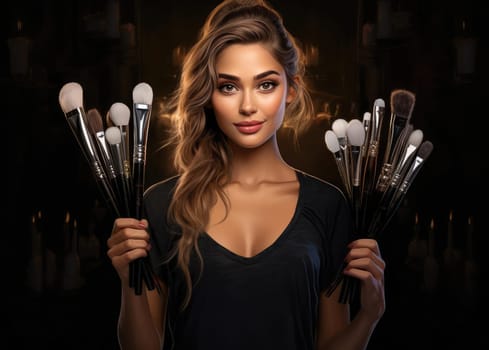 Portrait of a young woman with makeup brushes. Fashion & Beauty