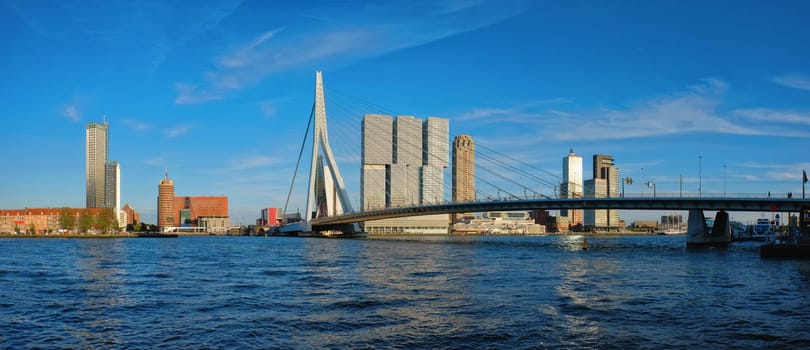 Panorama of Rotterdam cityscape with Erasmus bridge over Nieuwe Maas river on sunset. Netherlands