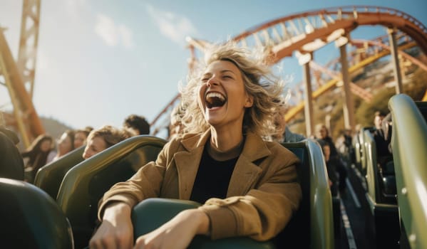 Young woman relaxing in an amusement park. Expressive emotions