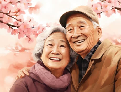 Elderly Japanese couple on the background of cherry blossoms