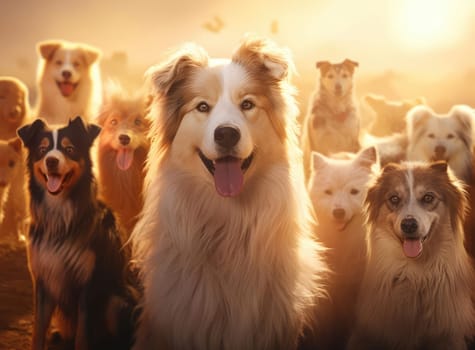 Several dogs take a group selfie. Everyone is looking at the camera