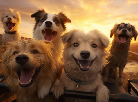 Several dogs take a group selfie. Everyone is looking at the camera