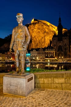 DINANT, BELIGUM - MAY 30, 2018: Bronze statue of Charles de Gaulle near the bridge where he was wounded in battle of Dinant in World War I