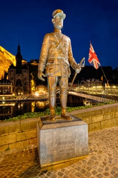 DINANT, BELIGUM - MAY 30, 2018: Bronze statue of Charles de Gaulle near the bridge where he was wounded in battle of Dinant in World War I