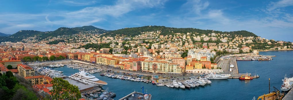 Panorama of Old Port of Nice with luxury yacht boats from Castle Hill, France, Villefranche-sur-Mer, Nice, Cote d'Azur, French Riviera