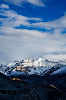 Himalayas snowcapped summit mountains in snow. Near Dhankar, Spiti Valley, Himachal Pradesh, India