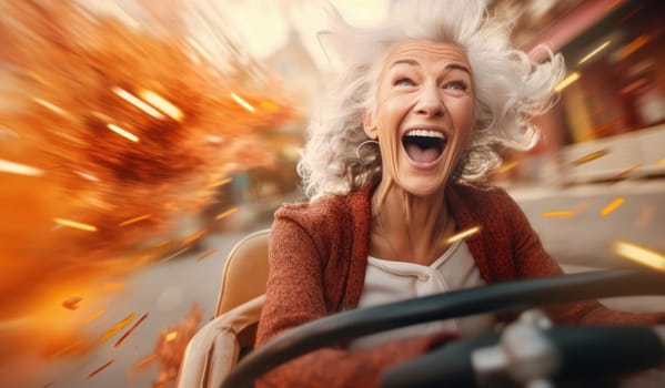 Joyful elderly woman rides in an amusement park. Expressive emotions