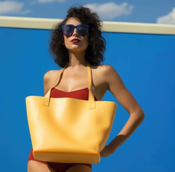 Beautiful young woman with bag on vacation