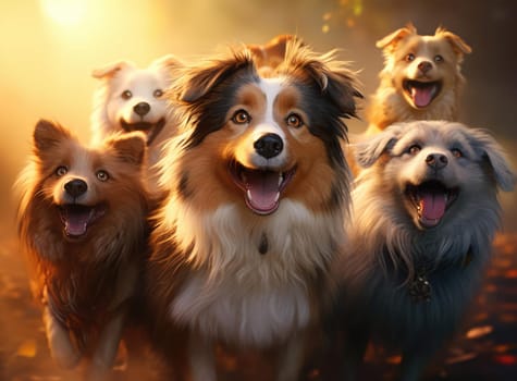 Several dogs take a group selfie. Everyone is looking at the camera