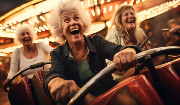 Joyful elderly woman rides in an amusement park. Expressive emotions