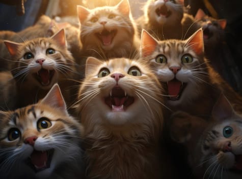 Several cats take a group selfie. Everyone is looking at the camera