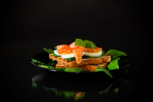 Cooked sandwich with lightly salted red fish, cucumbers and boiled eggs with herbs, isolated on a black background.