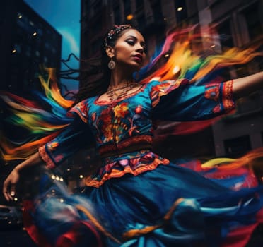 Beautiful Mexican girl is dancing in traditional Mexican dress