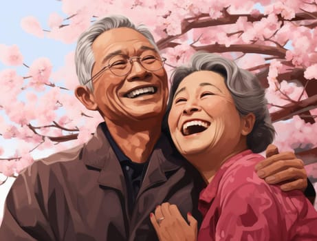 Elderly Japanese couple on the background of cherry blossoms