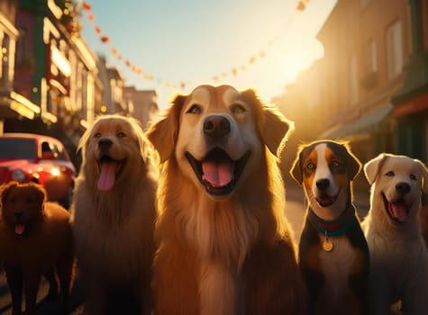 Several dogs take a group selfie. Everyone is looking at the camera