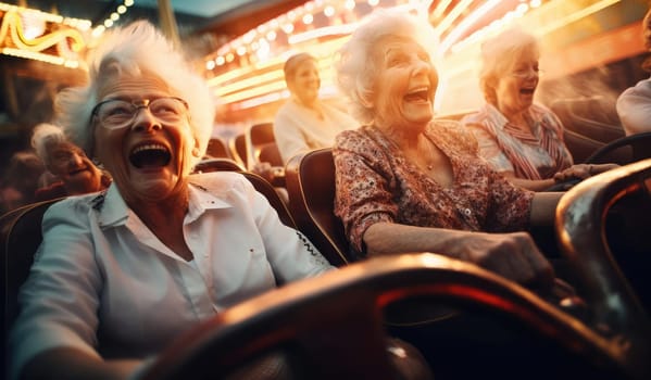 Joyful elderly woman rides in an amusement park. Expressive emotions