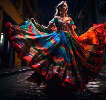 Beautiful Mexican girl is dancing in traditional Mexican dress