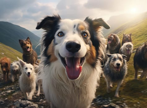 Several dogs take a group selfie. Everyone is looking at the camera