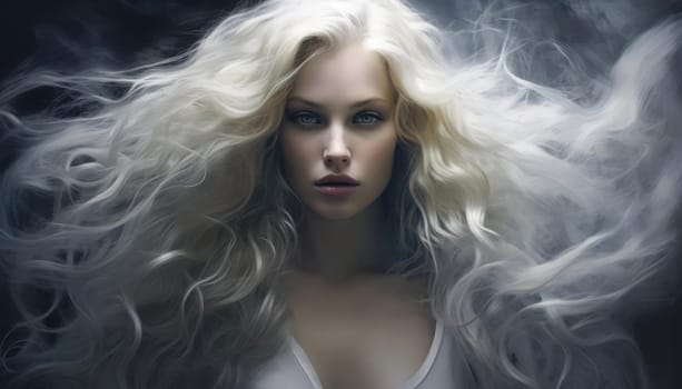 Portrait of a young beautiful woman with very long blonde hair