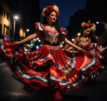 Beautiful Mexican girl is dancing in traditional Mexican dress