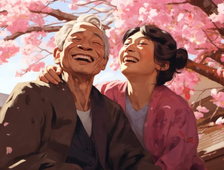 Elderly Japanese couple on the background of cherry blossoms