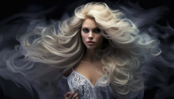 Portrait of a young beautiful woman with very long blonde hair