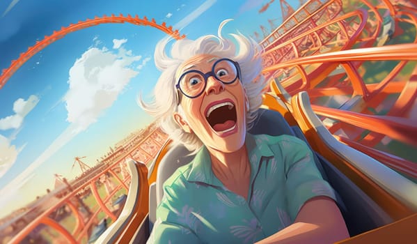 Joyful elderly woman rides in an amusement park. Expressive emotions