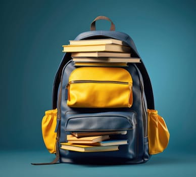 School backpack with books and notebooks on the background of a blue wall