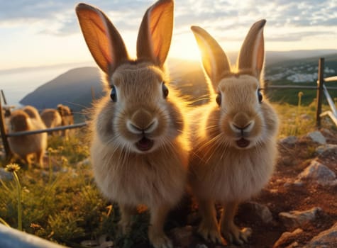 Several rabbits take a group selfie. Everyone is looking at the camera