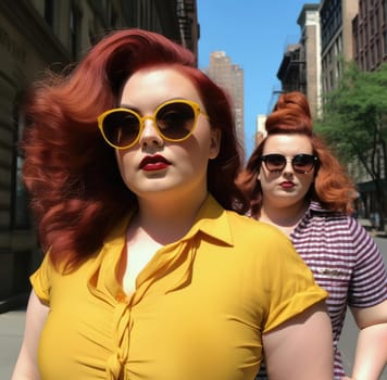 Plump young woman in yellow shirt with city background