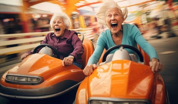 Joyful elderly woman rides in an amusement park. Expressive emotions