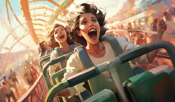 Young woman relaxing in an amusement park. Expressive emotions