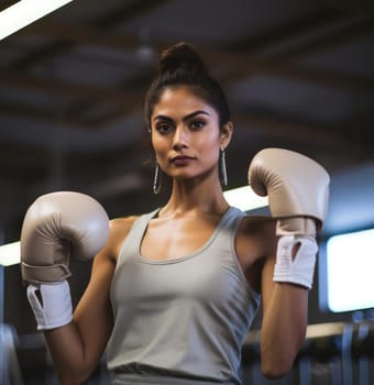 Young beautiful woman posing with boxing gloves. Sport