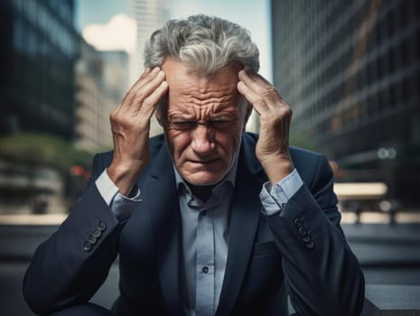 A middle-aged businessman touches his sore head with his hands