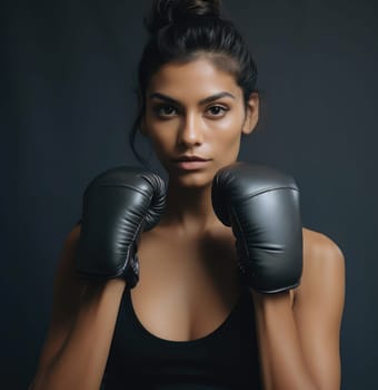 Young beautiful woman posing with boxing gloves. Sport