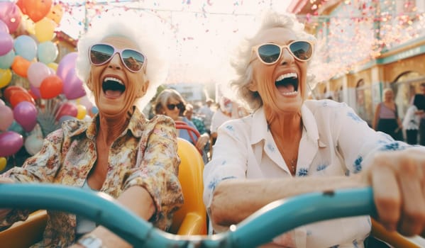 Joyful elderly woman rides in an amusement park. Expressive emotions