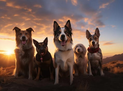 Several dogs take a group selfie. Everyone is looking at the camera