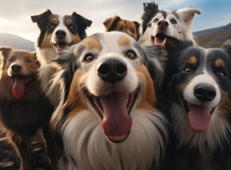 Several dogs take a group selfie. Everyone is looking at the camera