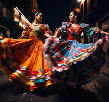 Beautiful Mexican girl is dancing in traditional Mexican dress