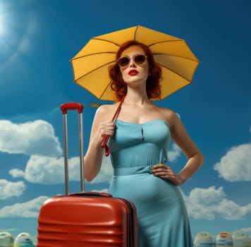 Beautiful young woman with suitcase on vacation