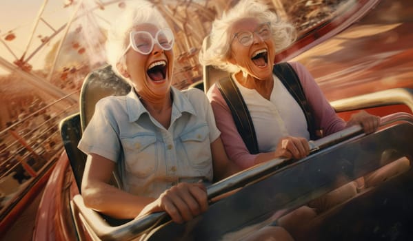 Joyful elderly woman rides in an amusement park. Expressive emotions