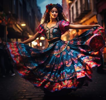 Beautiful Mexican girl is dancing in traditional Mexican dress