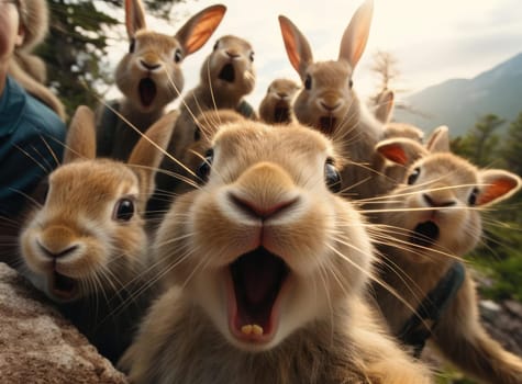 Several rabbits take a group selfie. Everyone is looking at the camera