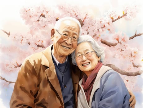 Elderly Japanese couple on the background of cherry blossoms