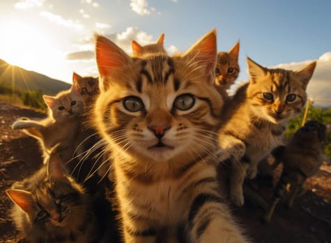 Several cats take a group selfie. Everyone is looking at the camera