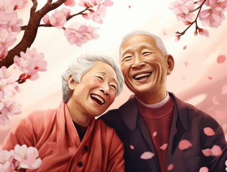 Elderly Japanese couple on the background of cherry blossoms